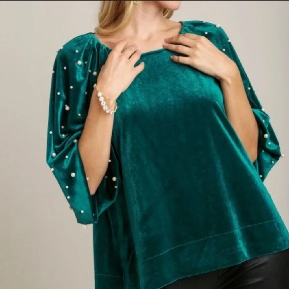 Umgee Teal Velvet Blouse with Pearl Accents